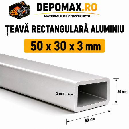 Teava rectangulara aluminiu 50 x 30 x 3 mm, 6 metri (EN AW-6060)
